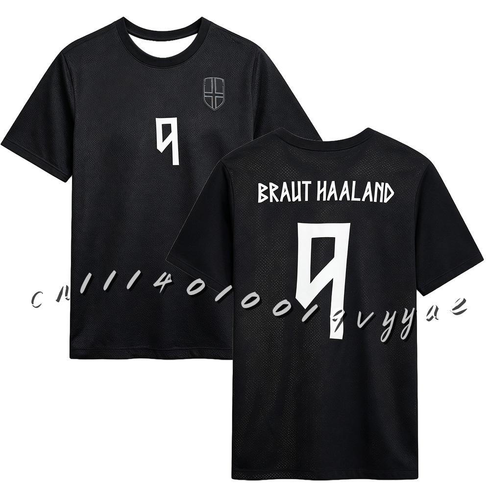 2026-27 Hot Selling Haaland Norway Name & Number 9 T-Shirt Black Breathable Quick Dry Jersey Round Neck Unisex Family Kids Tees
