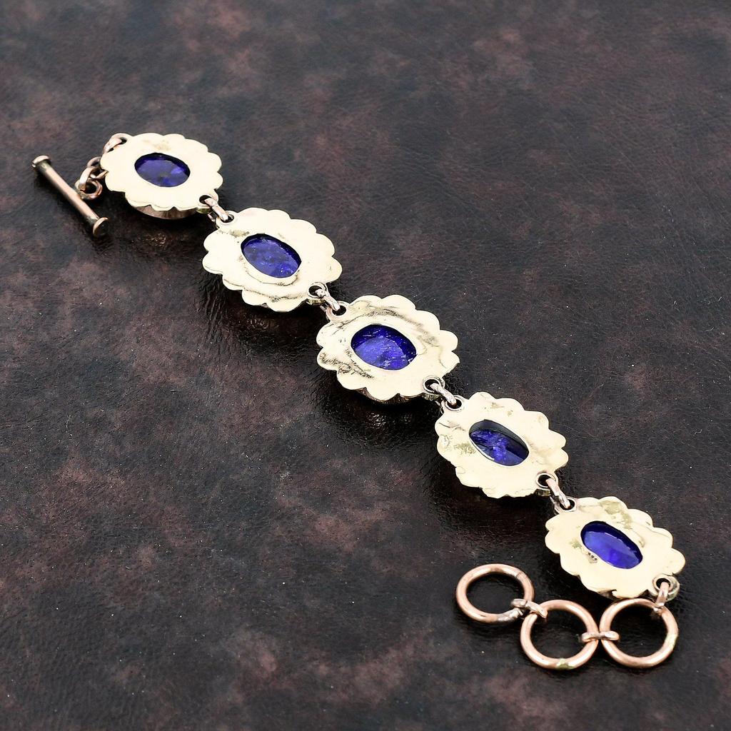 Браслет с граненым синим сапфиром Медный браслет Регулируемый браслет-цепочка Дизайнерские медные украшения Браслет из драгоценных камней ручной работы Подарок для женщин