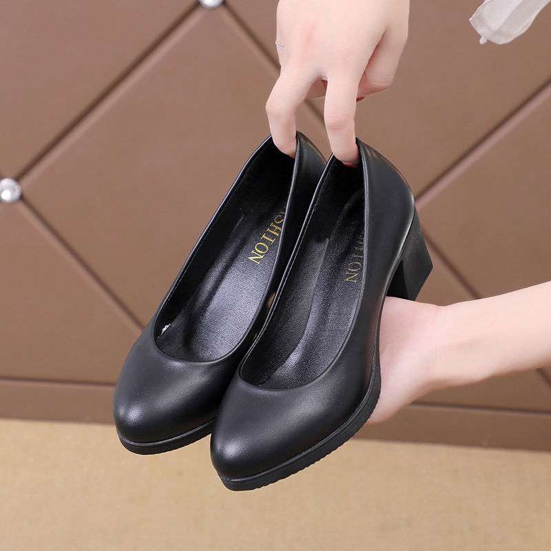 Черные рабочие туфли женские удобные средний каблук профессиональные туфли мягкая подошва нескользящие женские кожаные туфли толстый каблук круглый носок туфли-лодочки