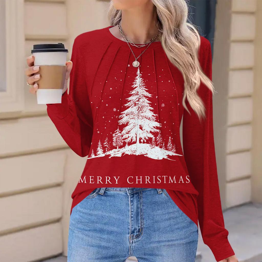 Women's Fashionable Casual Christmas Printed Pleated Comfortable Round Neck Loose Long Sleeve T-Shirt Top