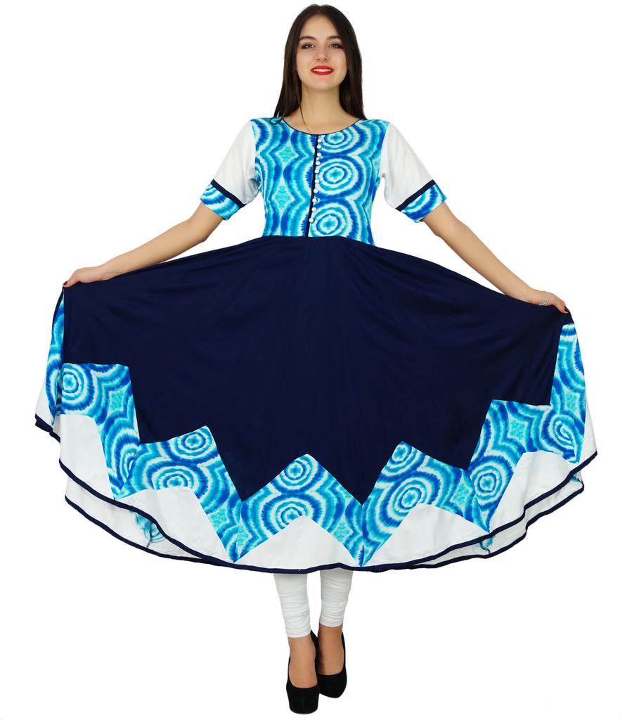 Bimba Designer Indian Clothing Navy Blue Printed Rayon Kurta Flaired Kurti Chic