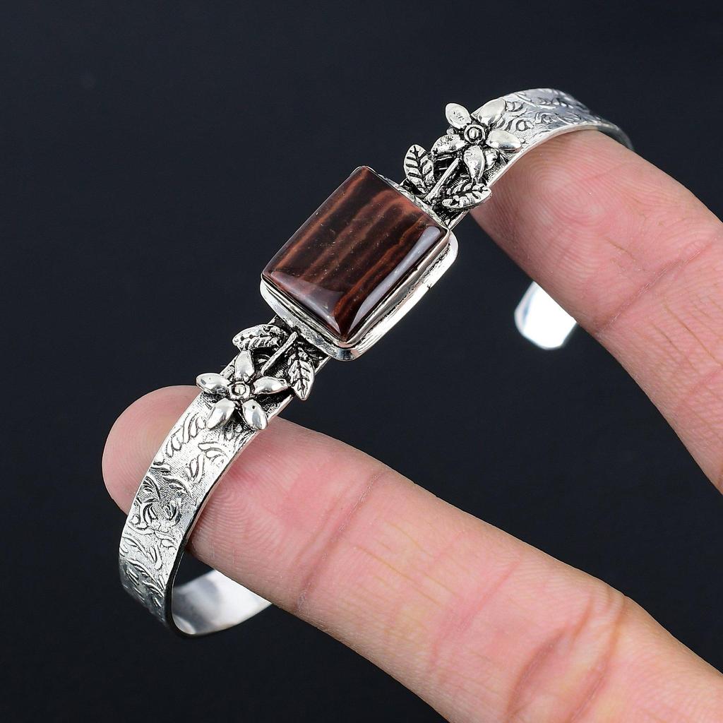 Halloween Sale 925 Silver Radiant Natural Tiger Eye Ethnic Sister Flower Bangle