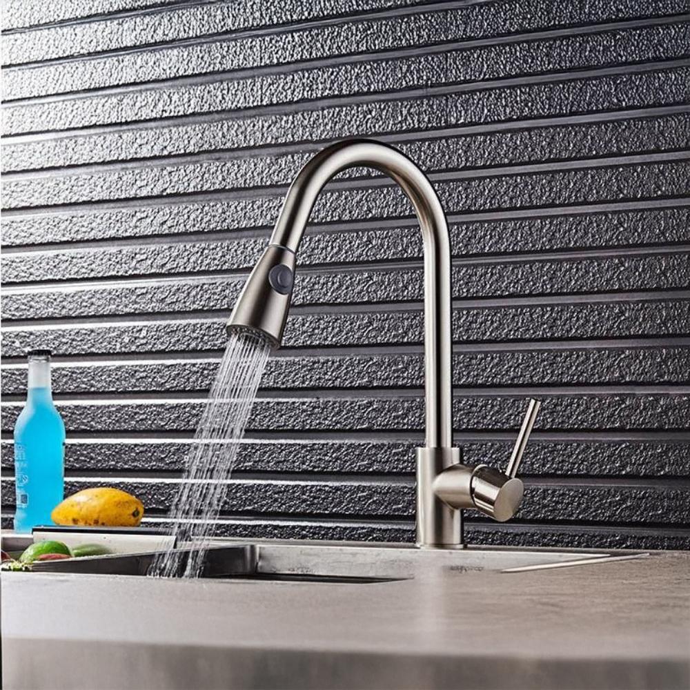 Kitchen tap with pull-out spout, stainless steel, flexible, movable, silver