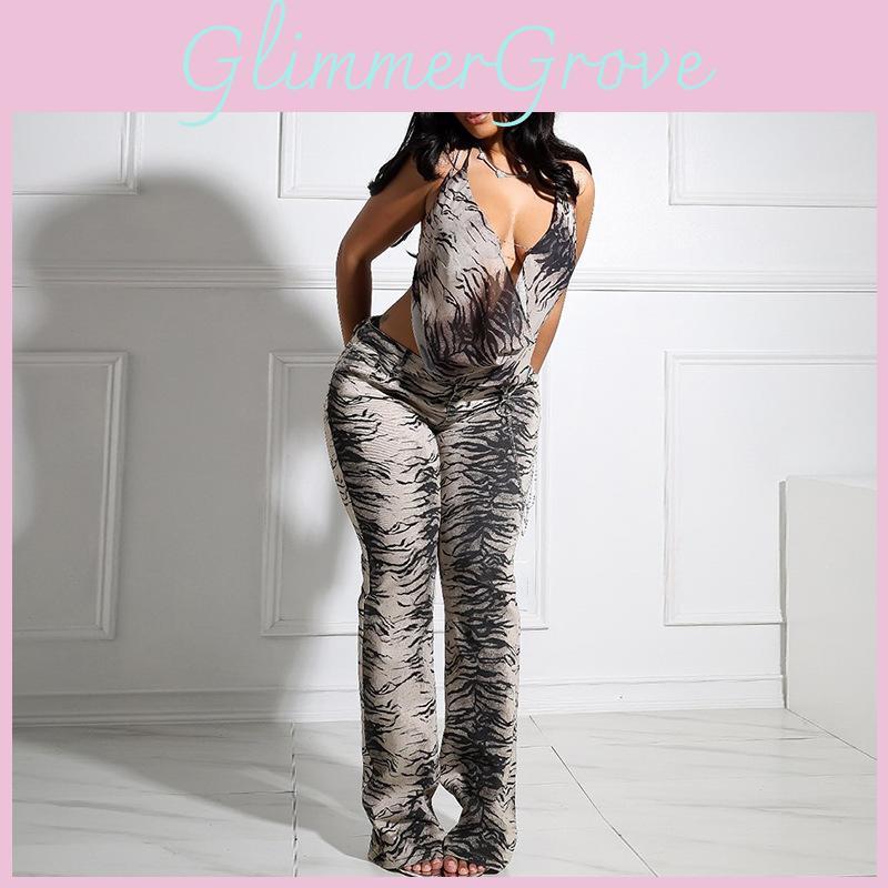 Zebra Pattern Sleeveless Pants Set With Printed Design For Womens Spring Fashion