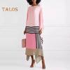 Women Dress Irregular Flowy Hem Striped Printed Boat Neck Long Sleeve Color Matching Loose Straight Prom Party Commute Maxi Dress