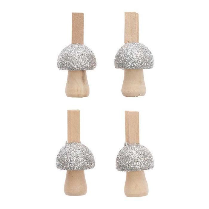 4 Silver Glittery Wooden Mushroom Clips
