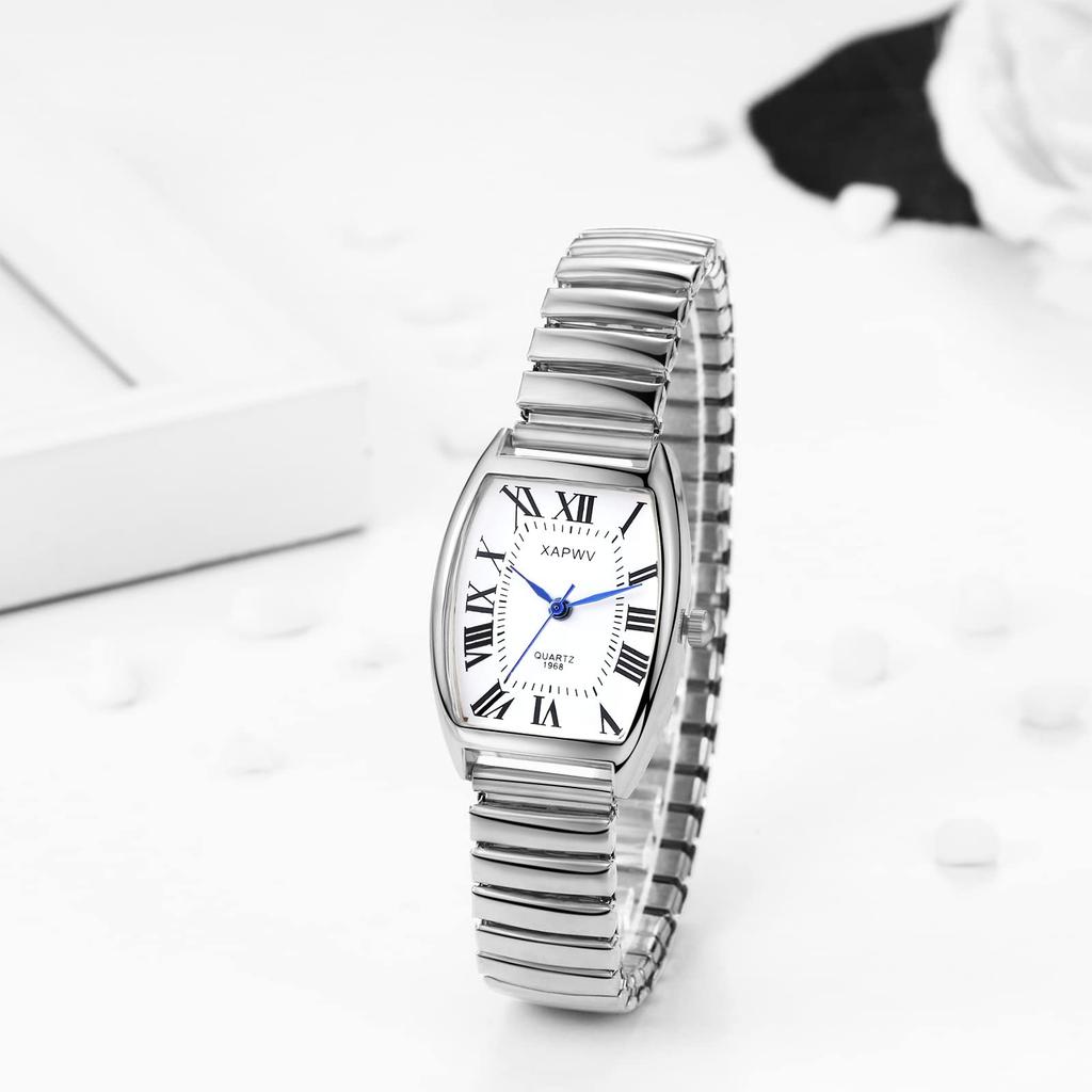 Парные часы, Римские цифры, Аналоговый дисплей, Квадратные, Античный стиль, Стильные, Эластичный ремешок, Кварцевые часы, Серебристые, Мужские и женские,