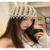 Beige Handmade Crochet Hat Hollow Out Design Faux Pearl Accents Perfect For Boho Daily Wear Vacation Trips
