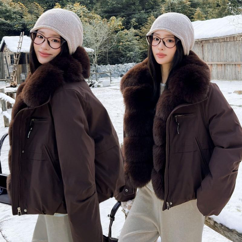 Womens Short Puffer Coat Winter Faux Fox Fur Trim Loose Parka Thick Warm Cotton Jacket