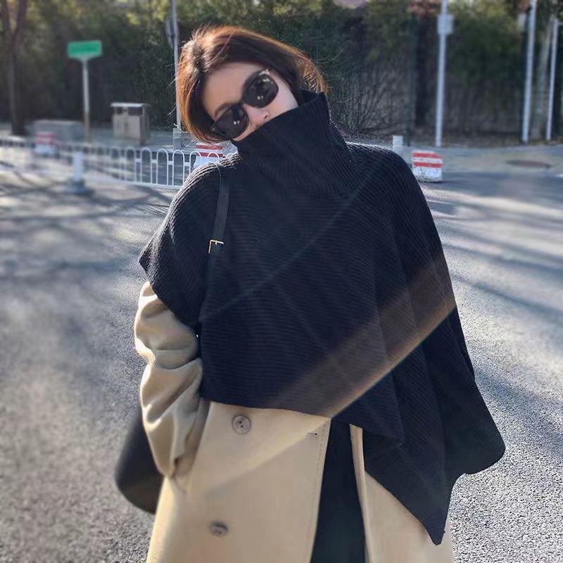 High Necked Irregular Women's Pullover Sweater Solid Color Ladies Cape Shawl Korean Style Simple Versatile Knitted Shawl