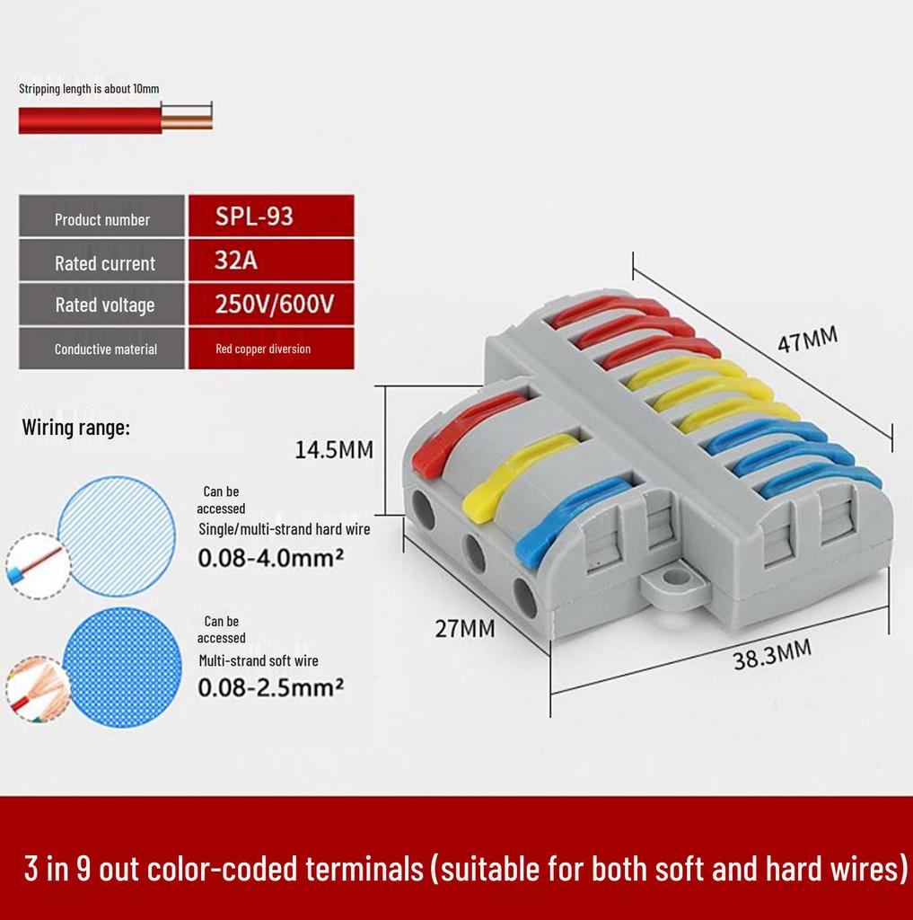 SPL-Splitter: 2-in-10-out, 2-in-12-out Quick Wiring Terminal, Press-Type, Orange/Multicolor.