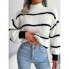 Полосатый свитер с рукавами-фонариками, повседневный свитер с длинными рукавами и воротником-стойкой, повседневные топы на осень и зиму, женская одежда
