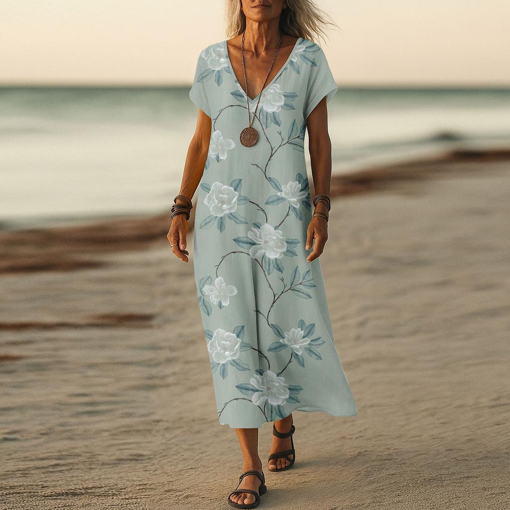 Summer Dress Women's Long Boho Beach Dress Elegant Maxi Dress V-Neck Short Sleeve Summer Tunic Dress Light Airy