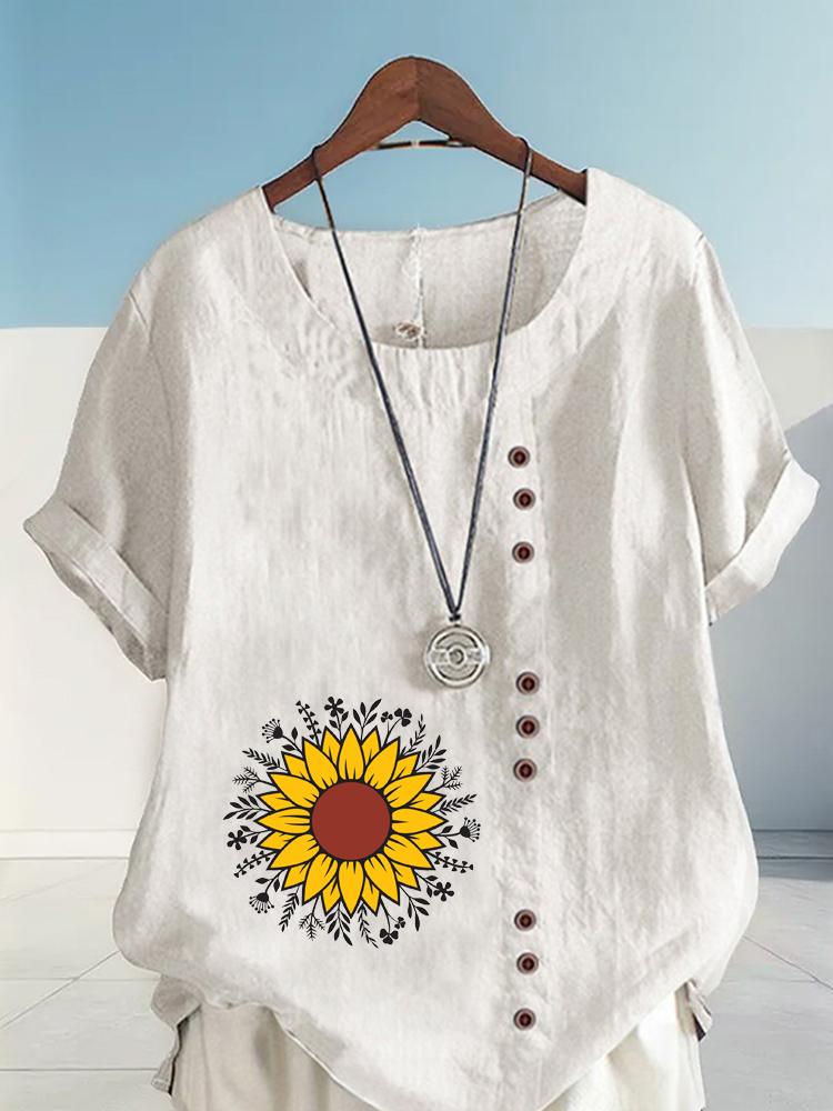 Women's Fashion Sunflower Flowers Print Shot Sleeve T-shirt Loose Cotton Shirt Casual Loose Summer Blouse Tops Plus Size