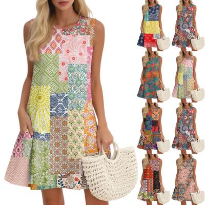 Женский повседневный модный дышащий жилет с круглым вырезом, цветочное праздничное платье с карманами