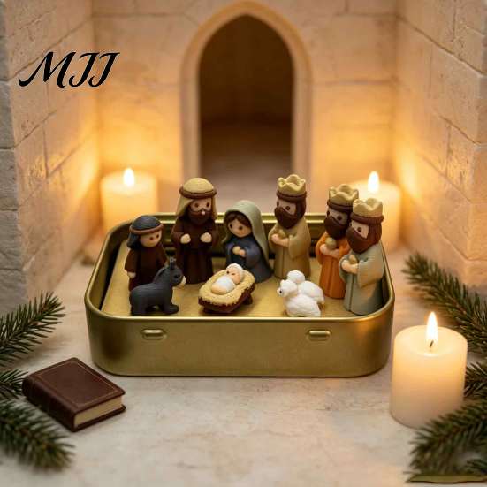 Niche Creative Holiday Present Mini Christmas Nativity Set in A Tin Box, 3D Printed Pocket Size Holy Family Retro Metal Storage Box Figurines,