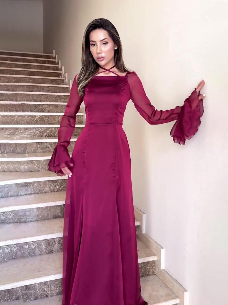 Нежное осеннее платье-рубашка с рюшами, приталенное, из струящейся ткани (Европейская и американская коллекция 2024)