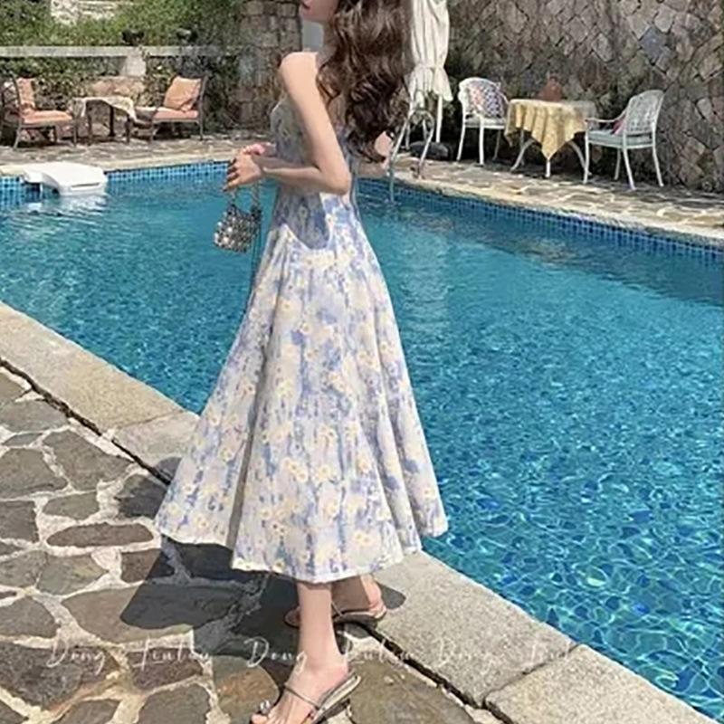 Длинное платье, летнее новое пляжное платье, цветочное платье на подтяжках, женская юбка французского темперамента высокого класса