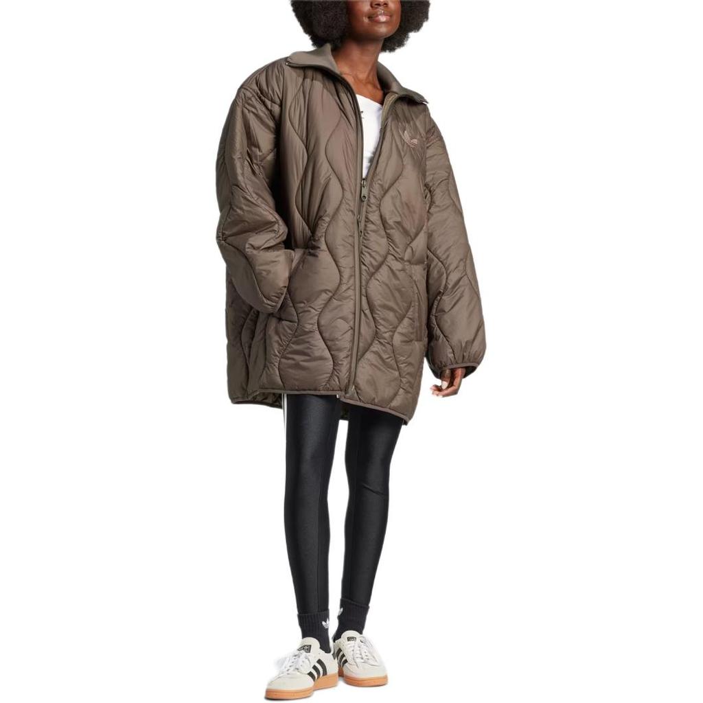 Adidas Originals Fashion Quilted Mid-Length Stand Collar Long Sleeve Jacket Women Jacket Shadow-Olive IW5863
