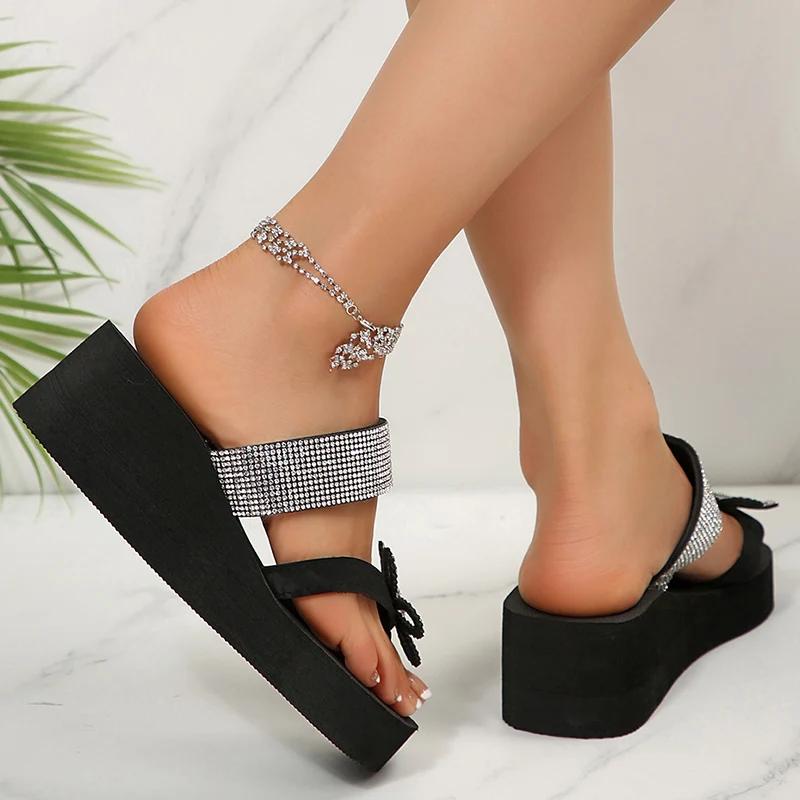 Fashion Fashion Crystal Flower Wedges Slippers Women Summer Thick Bottom Clip Toe Sandals Woman Lightweight Plus Size Slides Shoes 36-42
