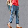 Embroidery Ankle-Length Baggy Jeans Elastic High Waist Capris Lace Up Harem Denim Pants Women Plus Size