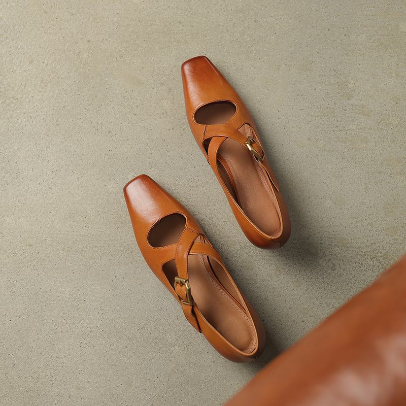 Krazing Pot Cow Skin Spring Summer Size 40 Thick Low Heels Women Square ToeShallow Pumps