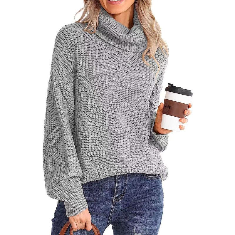 Women's Autumn/winter Twisted Floral Knitted Chunky Long-sleeved Solid Color Turtleneck Sweater