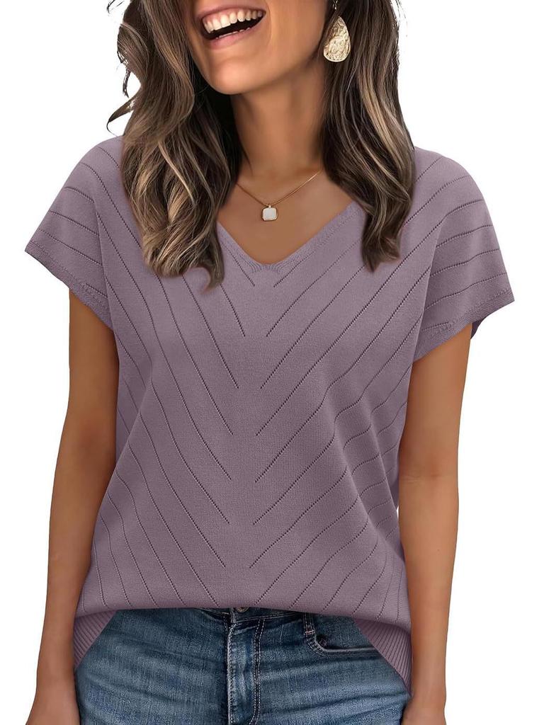 Летний горячий тренд 2026 года Пляжный отдых Короткий рукав V-образный вырез Ажурный повседневный вязаный свитер для женщин