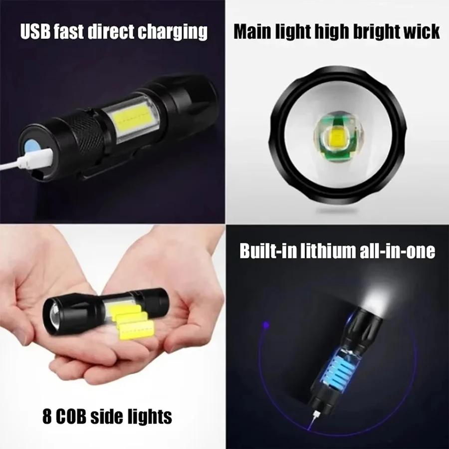Мини светодиодный кемпинговый фонарик COB+XPE, портативный, с USB-зарядкой, уличный, с регулируемым лучом, тактическая лампа-фонарь с клипсой для ручки