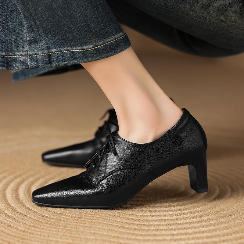 Krazing Pot Sheepskin Spring Summer Size 43 Size 42 Size 41 Chunky Heels Women Square Toe Office Lady Lace Up Pumps