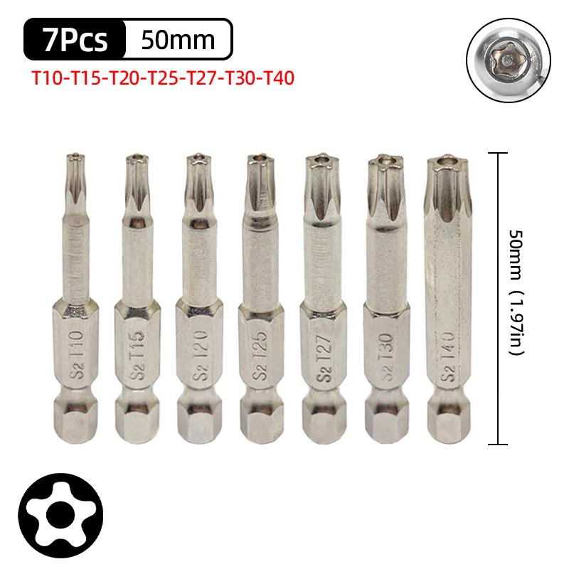 Набор насадок-звездочек T10-T40, шестигранный хвостовик 1/4 дюйма, сталь S2, магнитные, 50 мм, насадка для отвертки, трещоточная рукоятка, ручные инструменты