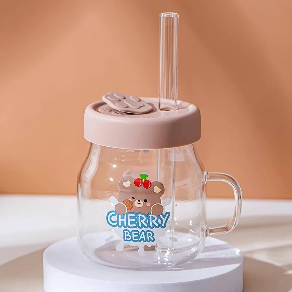 1 шт. 500 мл Мультяшная стеклянная чашка с медведем с крышкой и соломинкой, кружка для воды из высокоборосиликатного стекла с ручкой, стаканы для холодного кофе, стаканы для питья