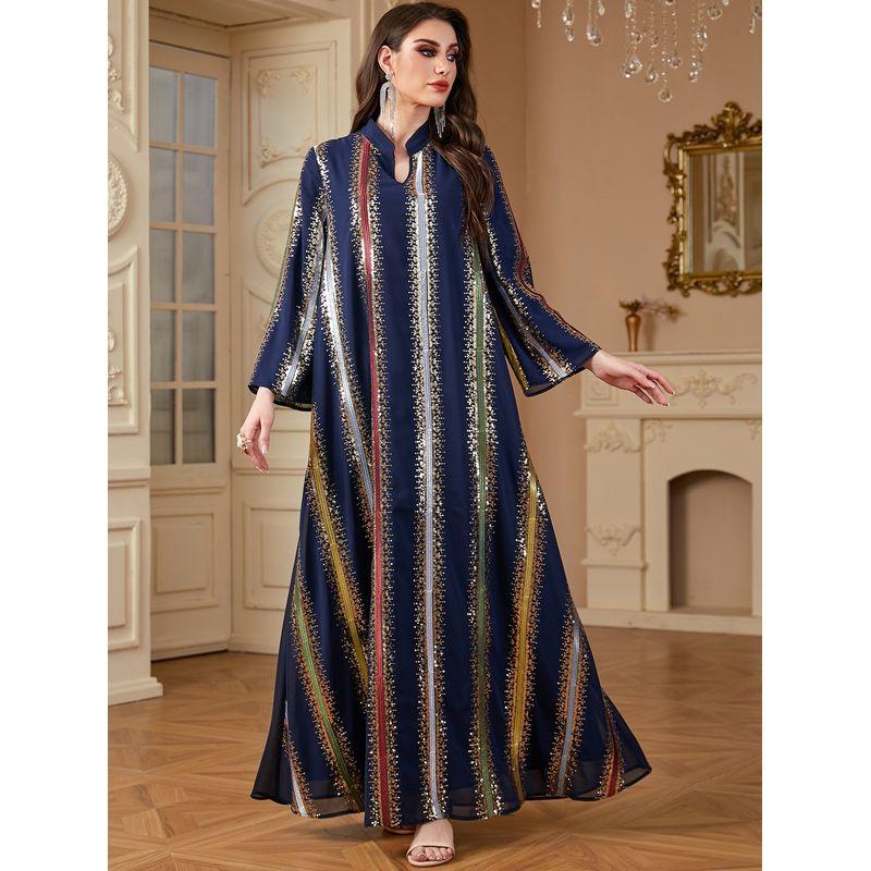 Amazon Middle East Cross-Border Robe Women Clothes Chiffon Embroidery Contrast Color Bronzing Dubai Arab DRESS