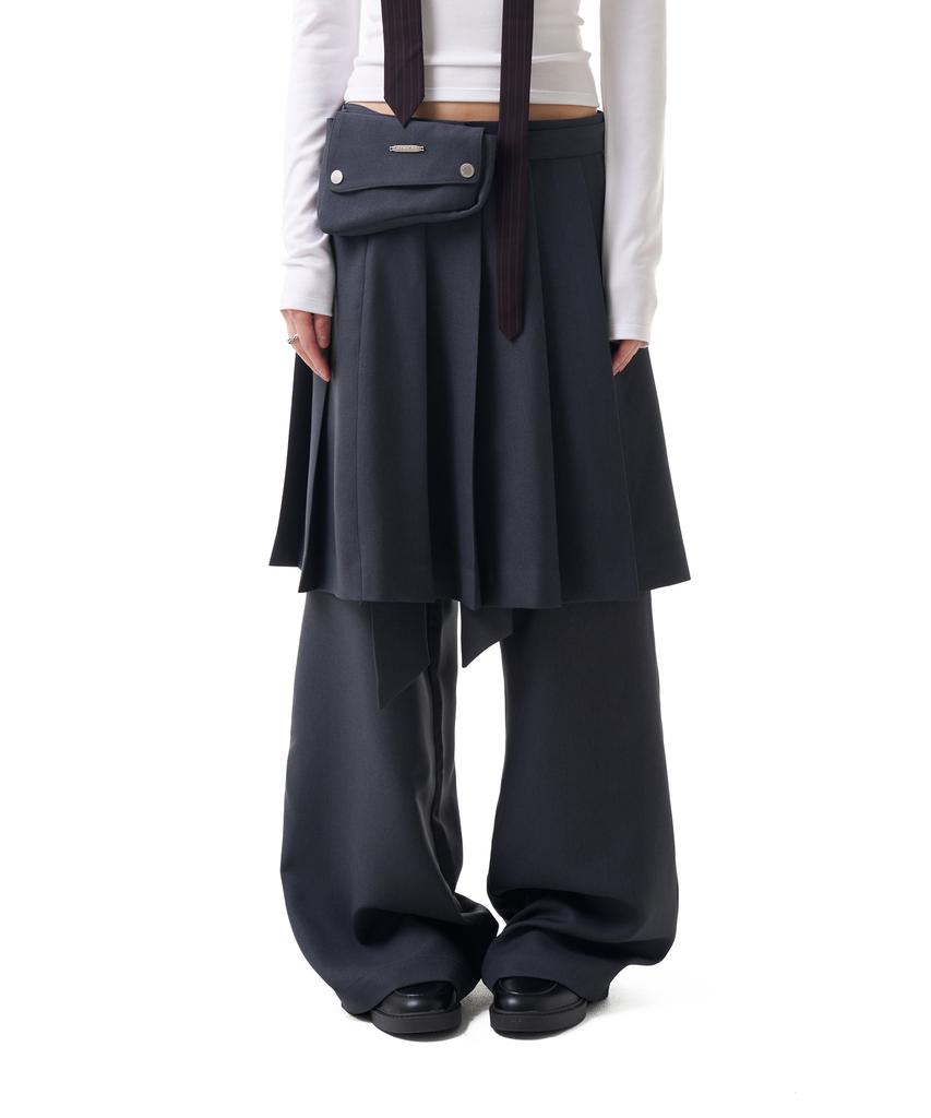 Iuga Makaras Belted Bag Pleats Midi Skirt (Dark Gray)