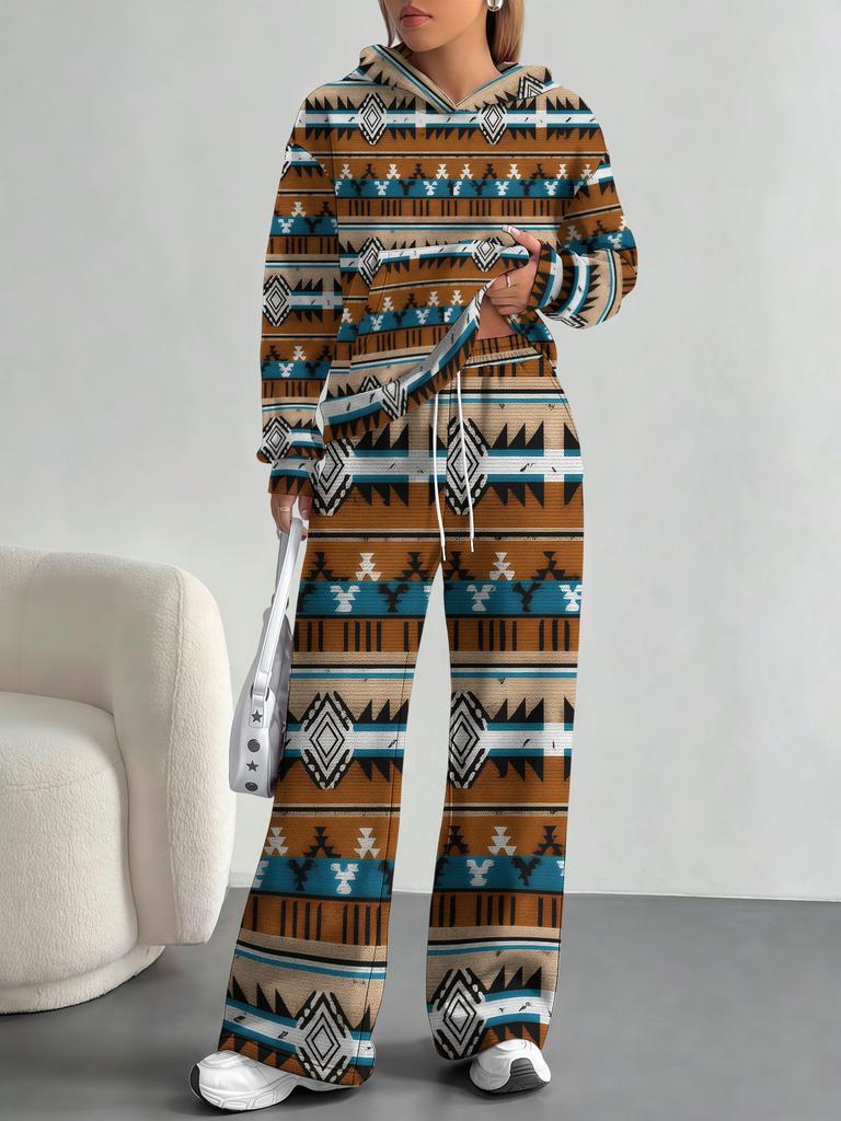 Bohemian Style European And American Autumn And Winter Casual Long-Sleeved Suit Women'S Hooded Sweater Trousers Suit