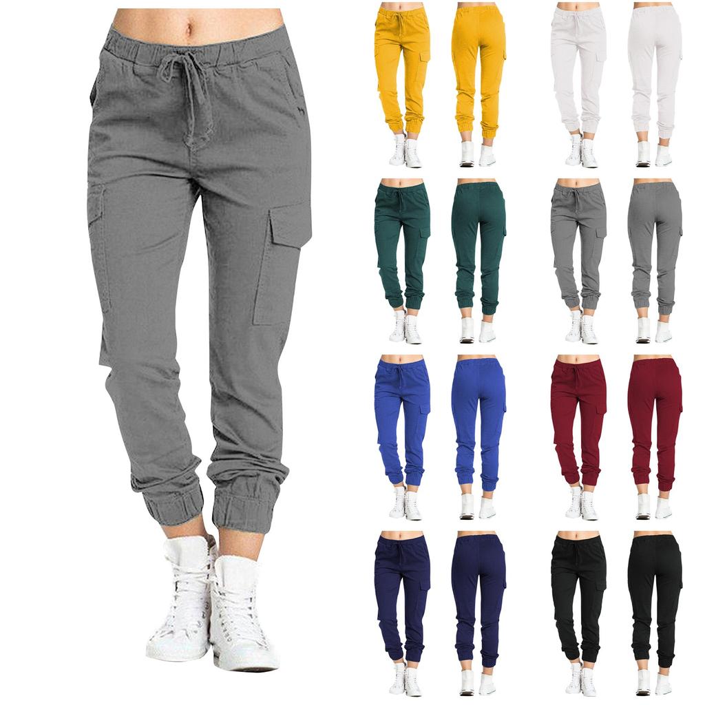 Women's Solid Color Casual Elastic Waist String Side Pocket Pencil Pants
