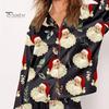 2 шт./комплект рождественская женская пижама костюм атласный Санта принт лацкан длинный рукав топ широкие брюки пижамы повседневная домашняя одежда одежда