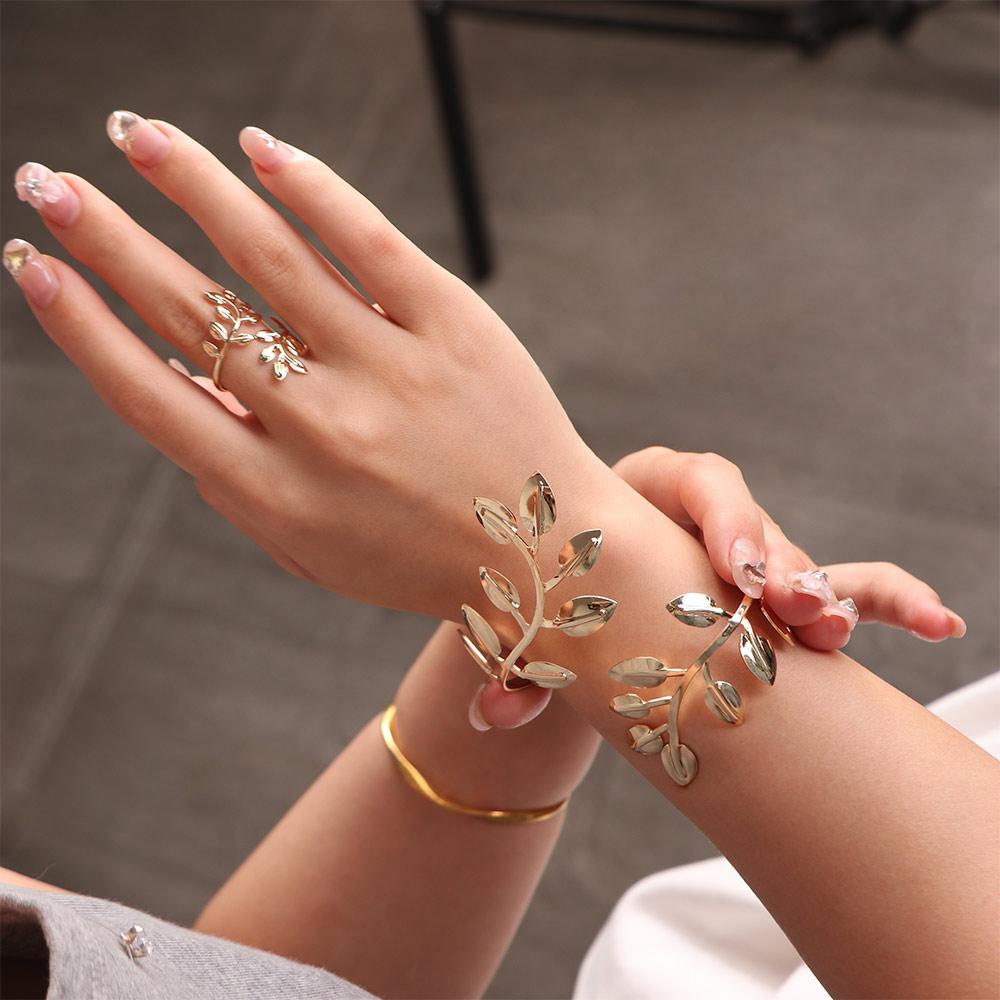 Gold Leaf Upper Arm Cuff Open Jewelry Set Luxury Armband Ring Set Wedding
