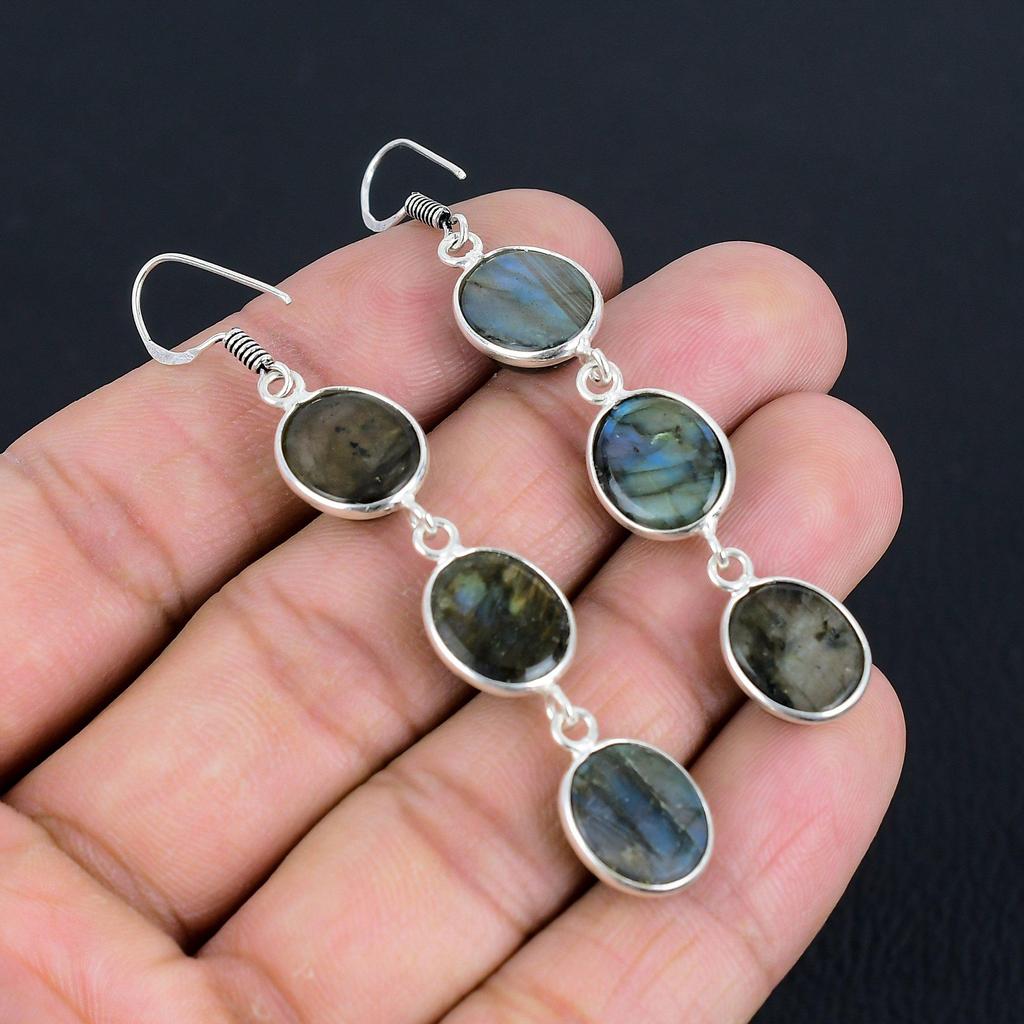 Серьги с натуральным лабрадоритом | Серебро 925 пробы | Серьги-крючки из проволоки | Серебряные серьги ручной работы с подвесками для женщин и девочек