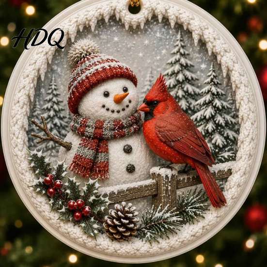 Festive Hanging Decor Acrylic Christmas Red Bird Ornament Snow Scene Pattern Xmas Tree Nature Inspired Seasonal Decorations Decor Retro Round