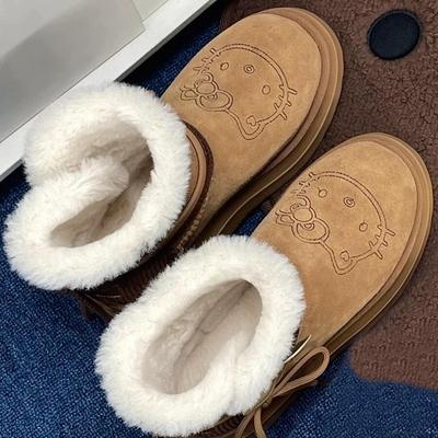 Модные ботинки-дутики с бантом Аниме Женские зимние ботинки Милые теплые хлопковые туфли Каваи Зимние Нескользящие Короткие ботинки Рождественские Толстоподошвенные Короткие ботинки