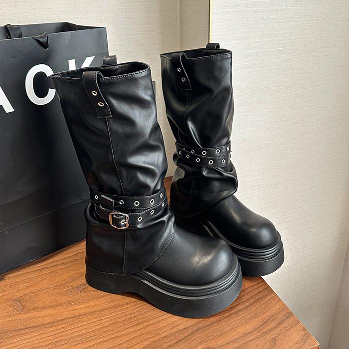 Сексуальные ботфорты на платформе и толстом каблуке, женские ботинки-трубы, модная обувь с ремешками и пряжками, женские панк-ботильоны до середины икры, De Muje