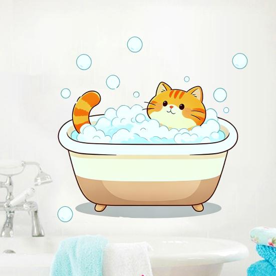 Мультяшный кот Наклейка на стену, Забавный оранжевый кот Купающийся/Вылизывающий Наклейка на стену, Отклей и приклей Самоклеящаяся ПВХ Настенный рисунок для Кухни, Ванной комнаты