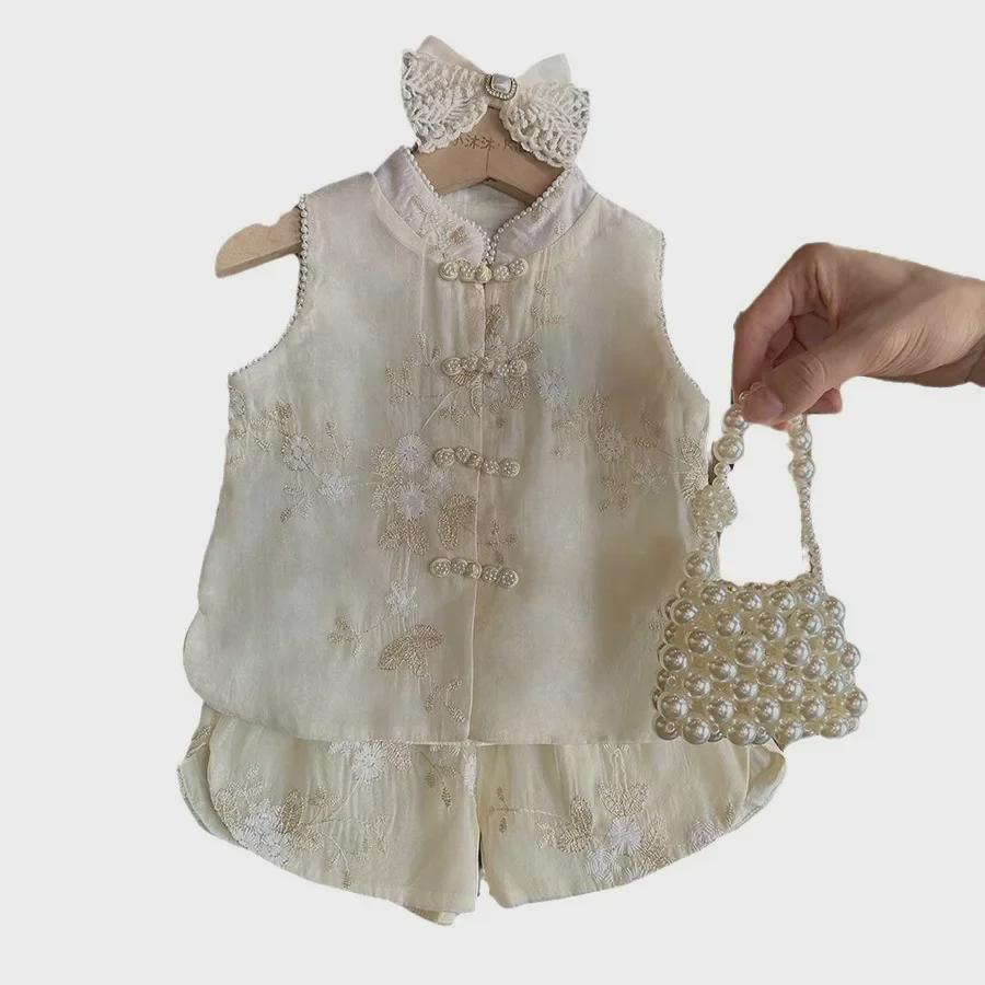 Летний комплект для девочек 2024 года из жилета и шорт в китайском стиле