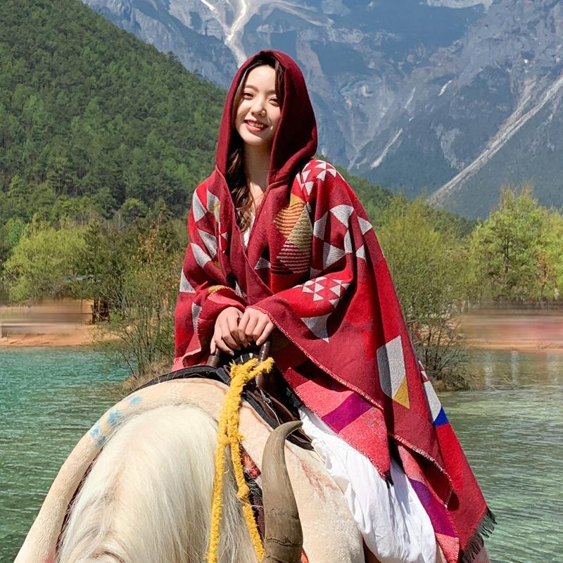 Travel Scarf Dual-purpose Fringed Edge Summer Air-conditioned Room with Hat Cloak Triangular Combination Imitation Cashmere Shawl