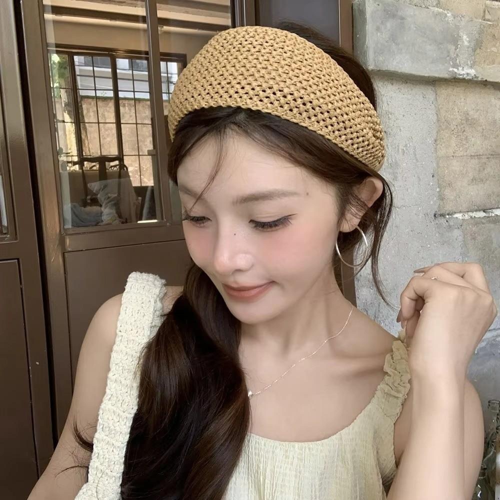 Elegant Straw Braided Headband Boho Style Wide Edge Hair Hoop Rattan Weaving Hairband for Women