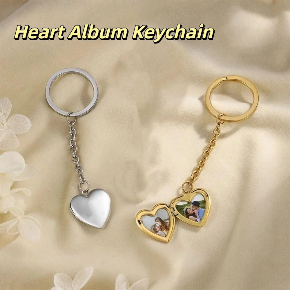 2Pcs DIY Photo Hold Keyring Charms Stainless Steel Keychain Funny Heart Album Keychain Gifts