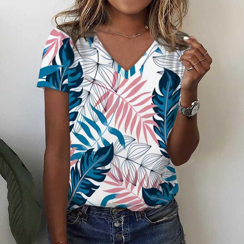 Футболка с 3D-принтом и цветочным принтом в виде тропических листьев, летние женские футболки с V-образным вырезом, топы Y2k, уличная одежда, футболки больших размеров в стиле Харадзюку, женская одежда