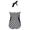 Elegant Plus Size Racy Black Halter Low Cut Beachsuit For Striped Swimwear Women
