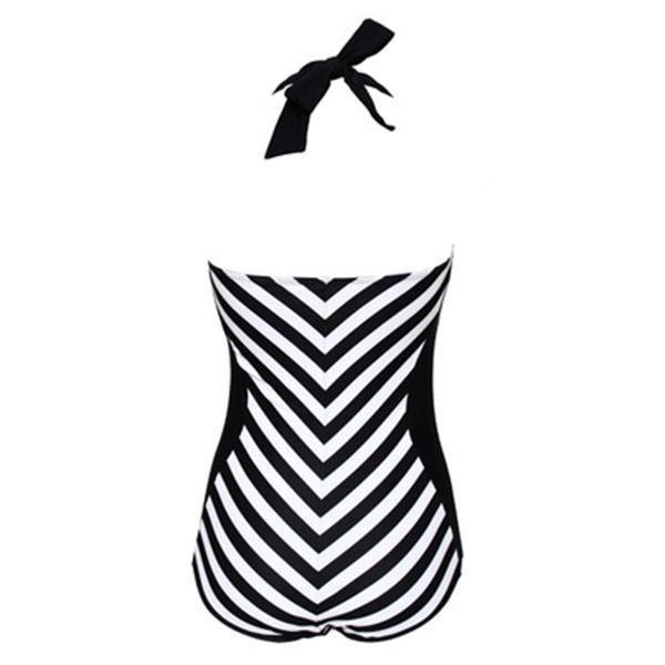 Elegant Plus Size Racy Black Halter Low Cut Beachsuit For Striped Swimwear Women